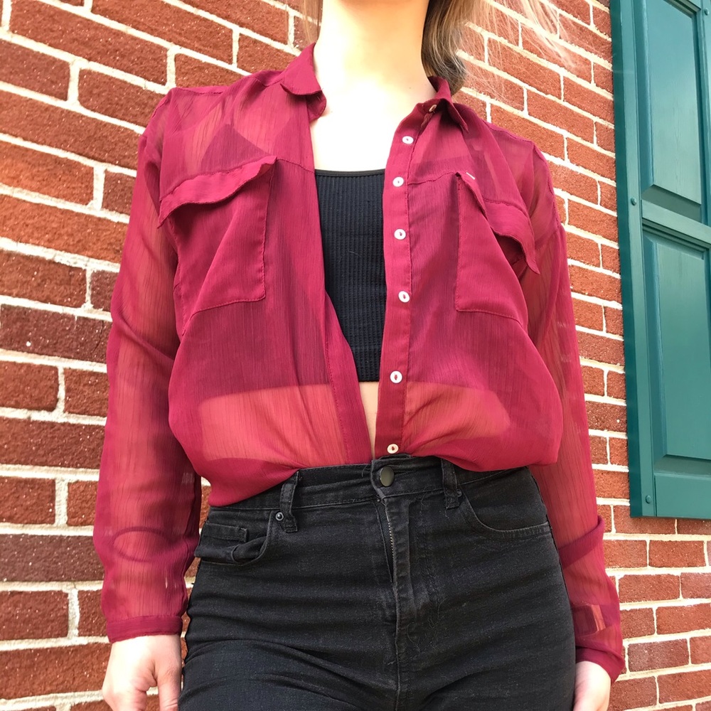 Red Sheer Button-Up